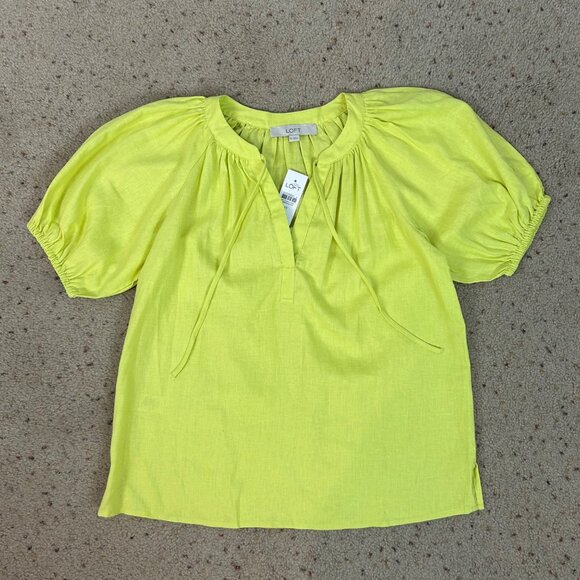 NEW Loft Neon Green Linen Blend Popover Top Puff Sleeve Size XS Women's - Picture 1 of 3